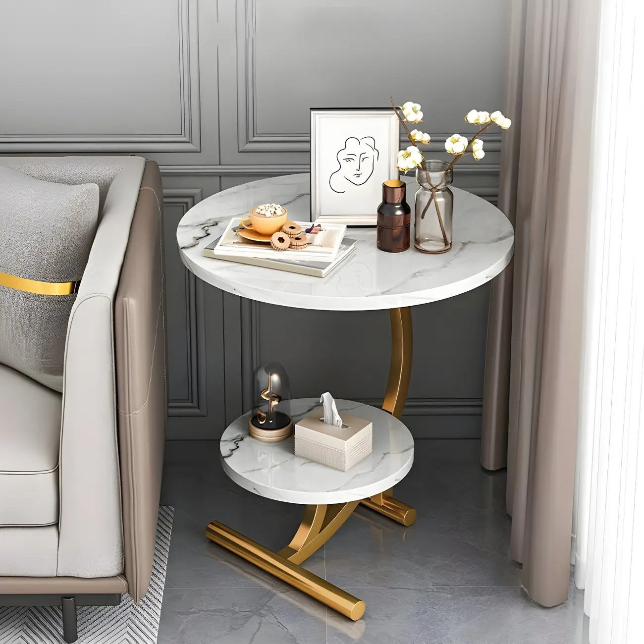 Modern Metal Frame Round Double-layer Nightstands Image - 2 | homeyfad