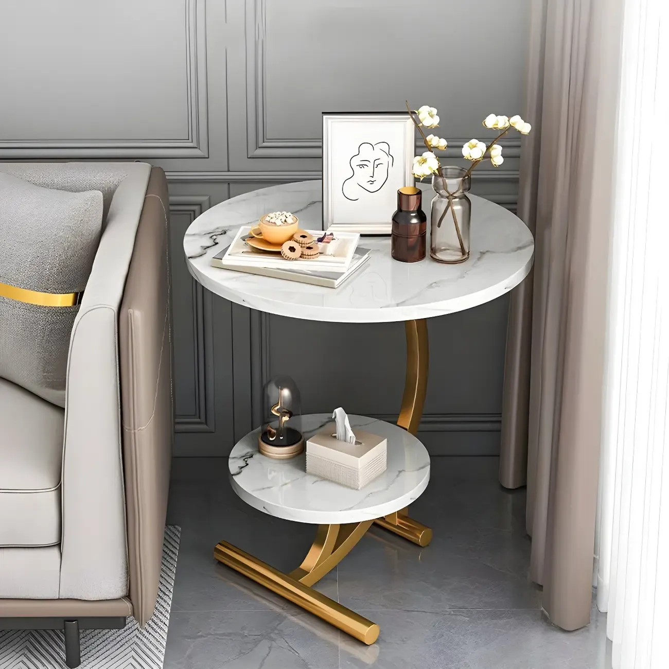 Modern Metal Frame Round Double-layer Nightstands Image - 2