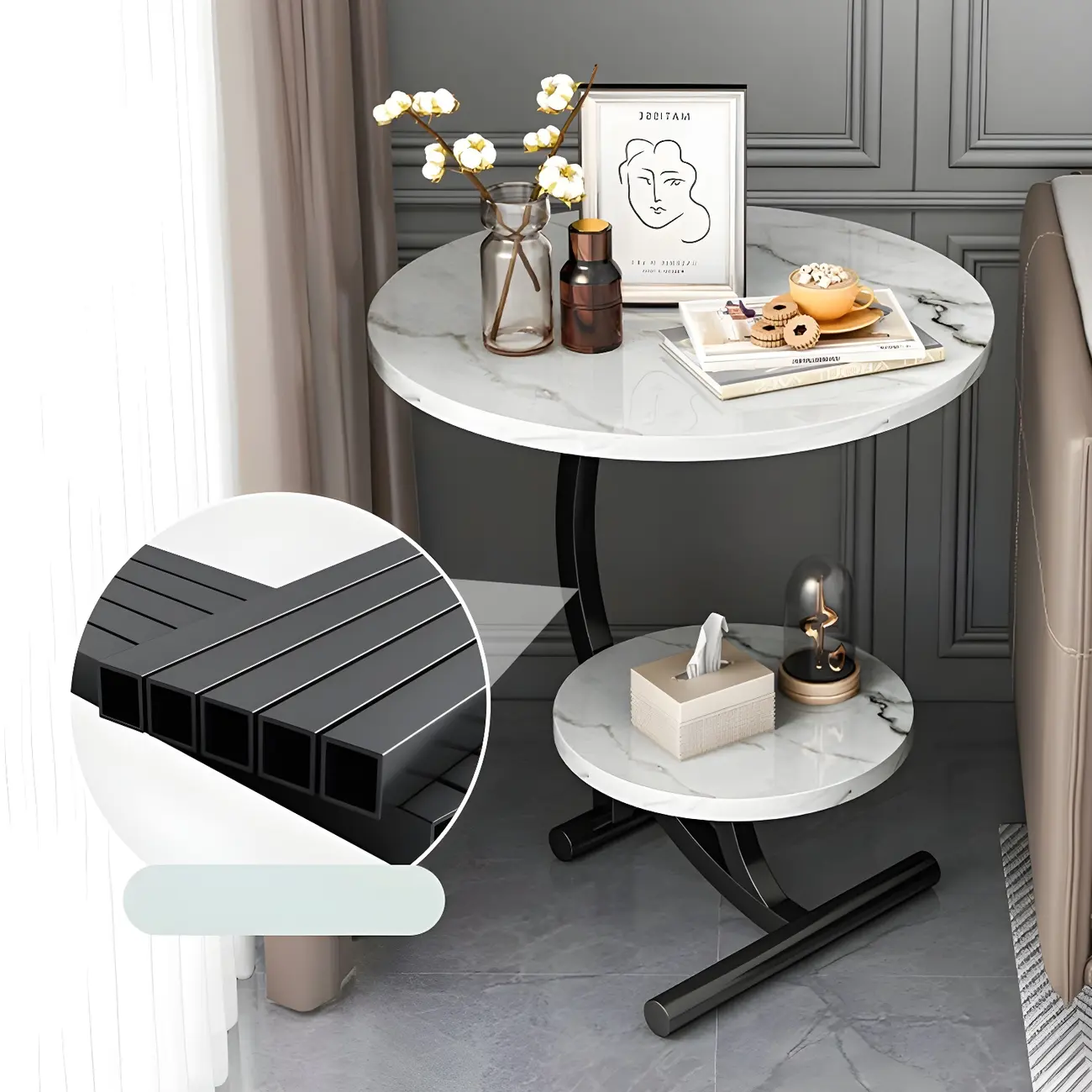 Modern Metal Frame Round Double-layer Nightstands Image - 7 | homeyfad