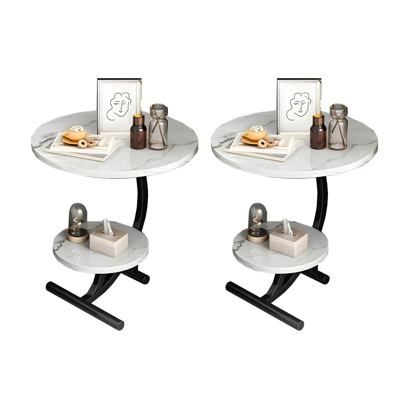 Modern Metal Frame Round Double-layer Nightstands Image - 16