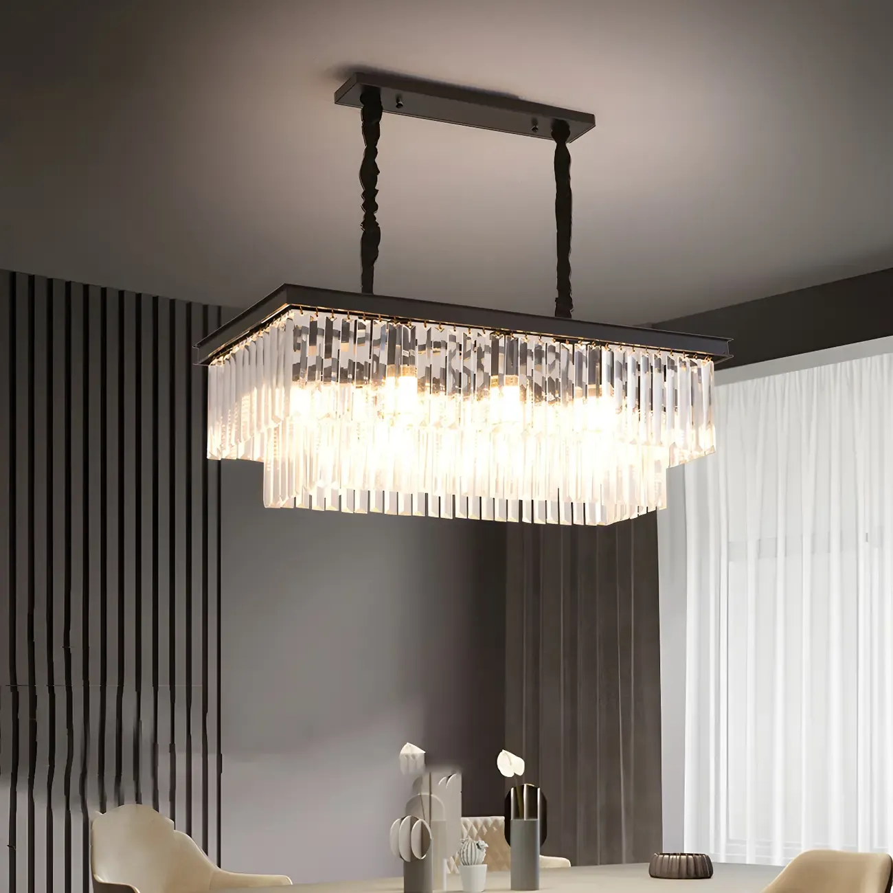 Contemporary Rectangle Clear Crystal Pendant Light Image - 2