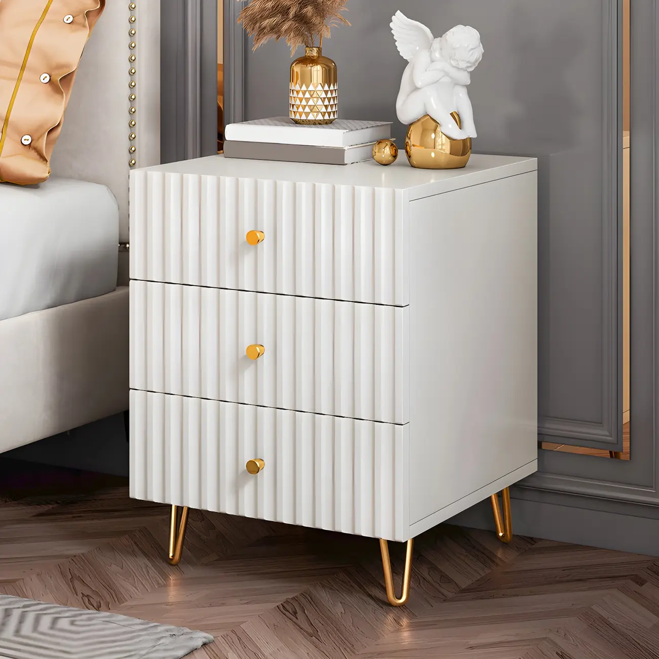 Modern Wooden Stripe Gold Accents Stylish Nightstand Image - 2 | homeyfad