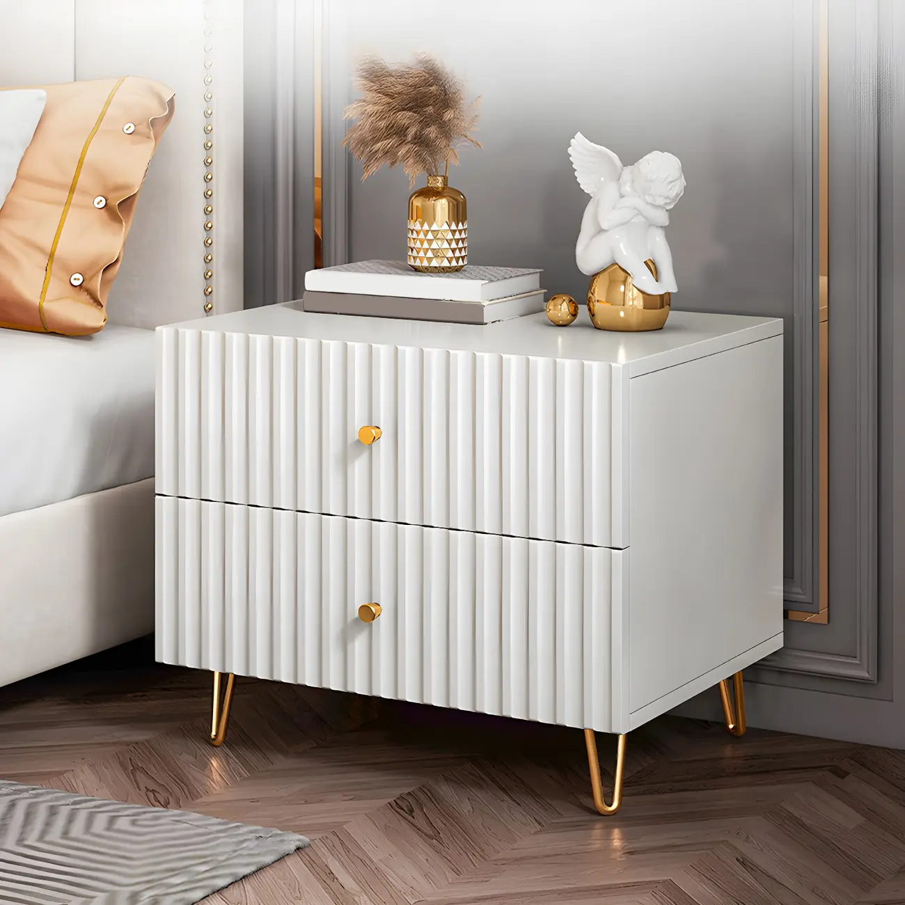 Modern Wooden Stripe Gold Accents Stylish Nightstand Image - 3 | homeyfad