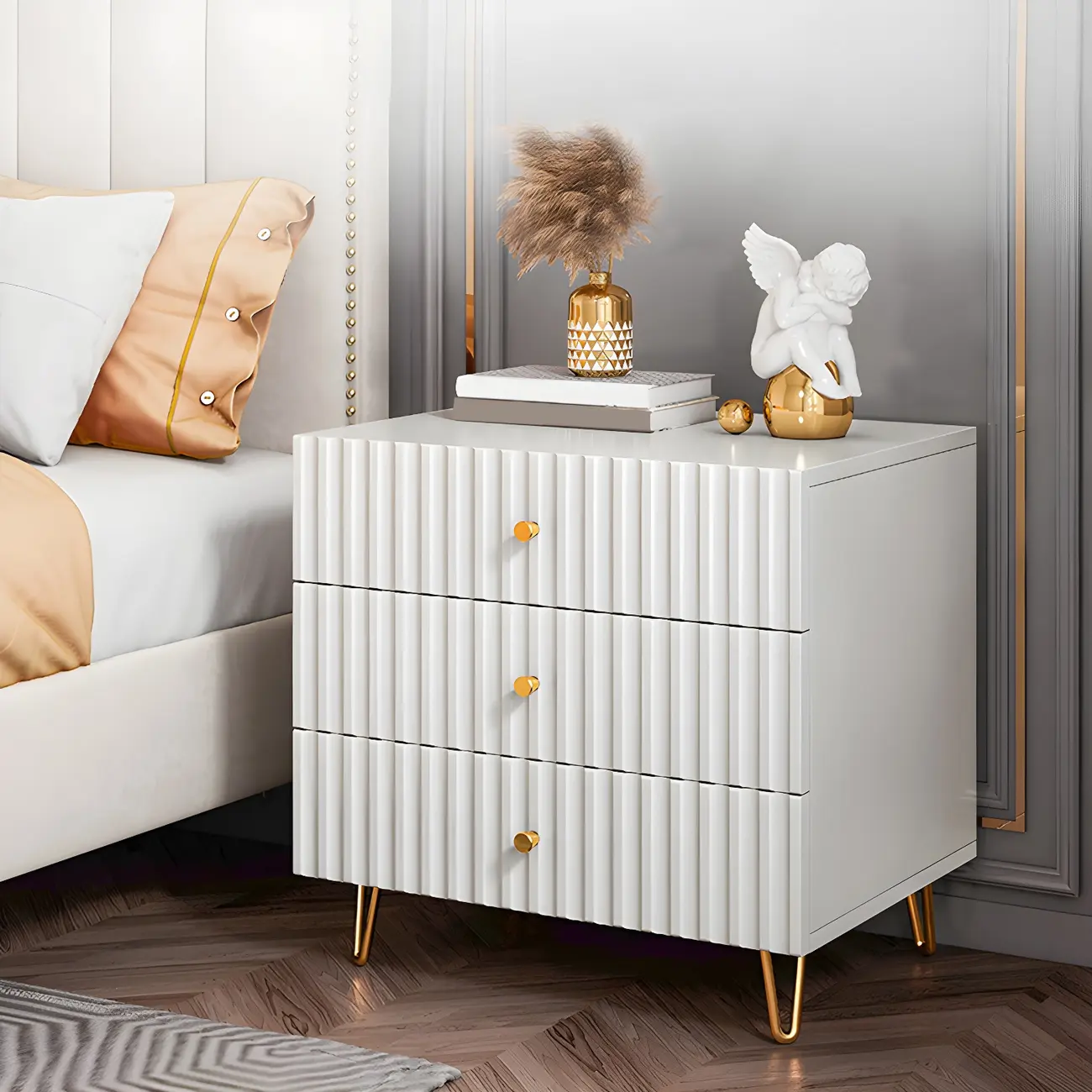 Modern Wooden Stripe Gold Accents Stylish Nightstand Image - 1 | homeyfad