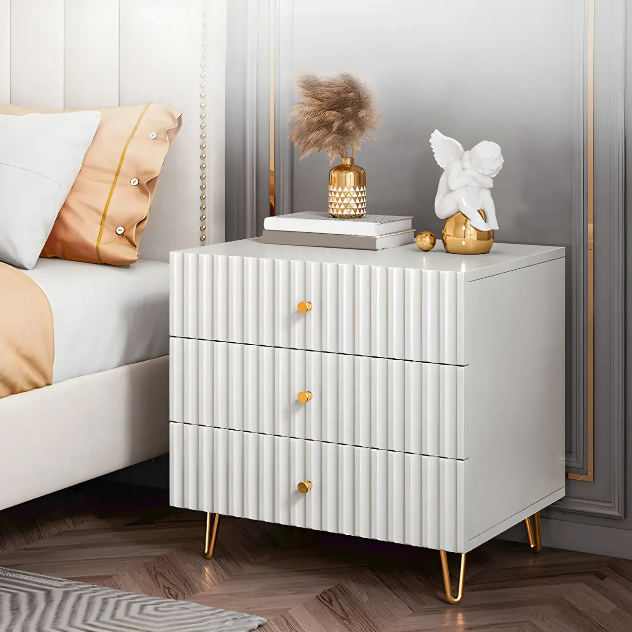 Modern Wooden Stripe Gold Accents Stylish Nightstand Image - 1