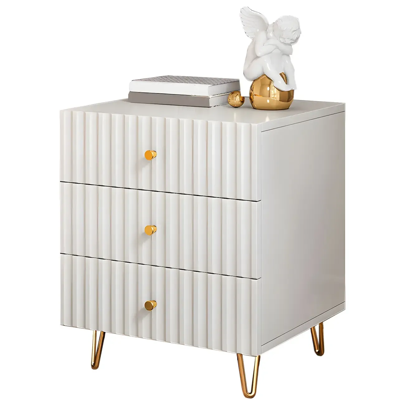 Modern Wooden Stripe Gold Accents Stylish Nightstand Image - 10