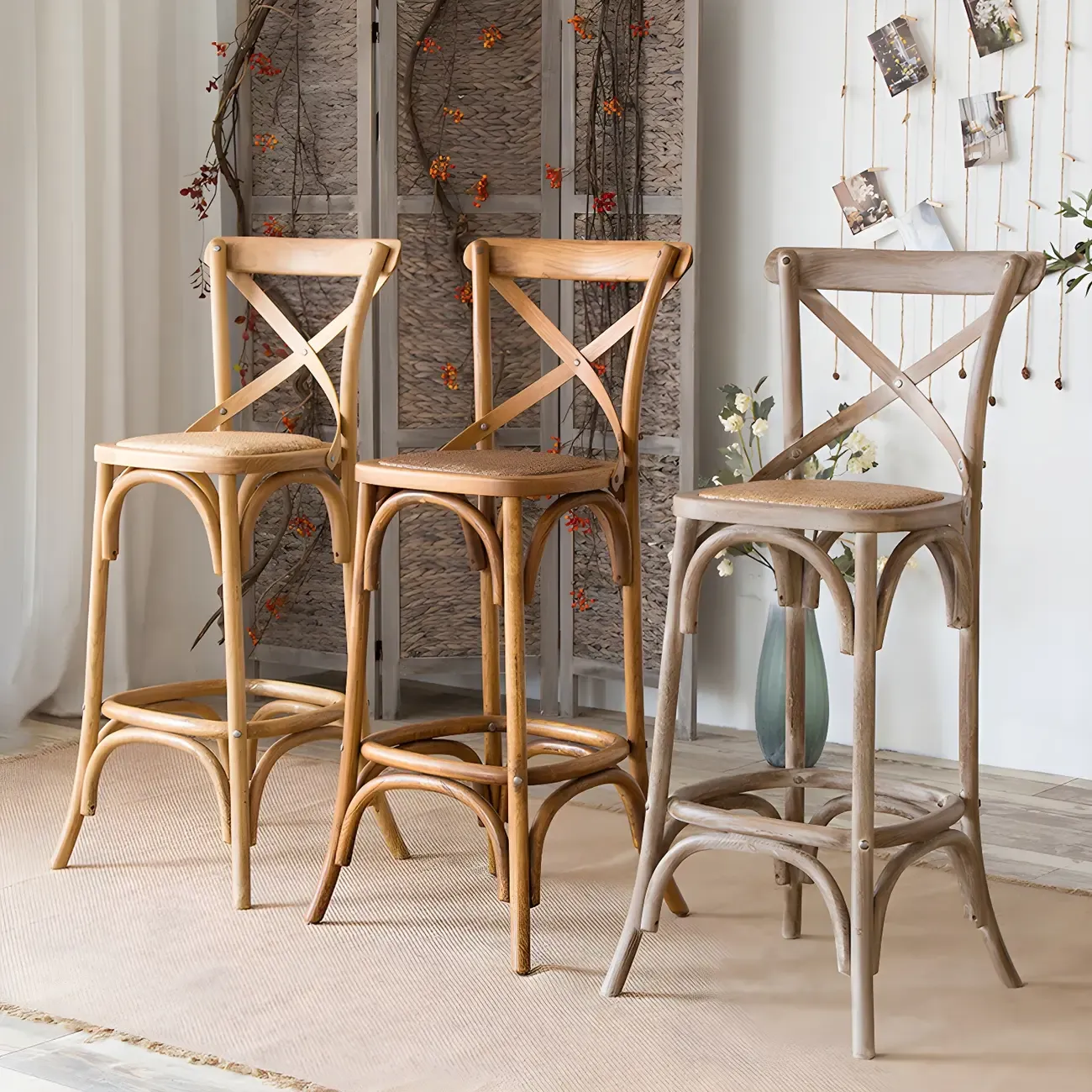 Rustic Solid Wood Wicker Cross Back Bar Stool in Brown/ Grey Image - 1