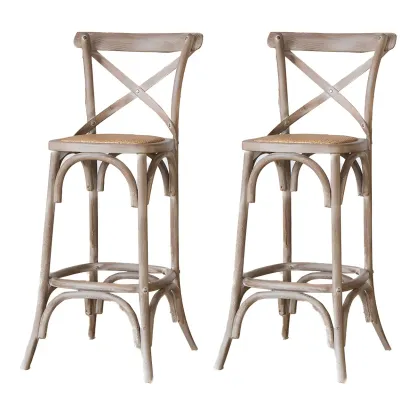 Rustic Solid Wood Wicker Cross Back Bar Stool in Brown/ Grey Image - 3