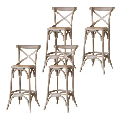 Rustic Solid Wood Wicker Cross Back Bar Stool in Brown/ Grey Image - 4