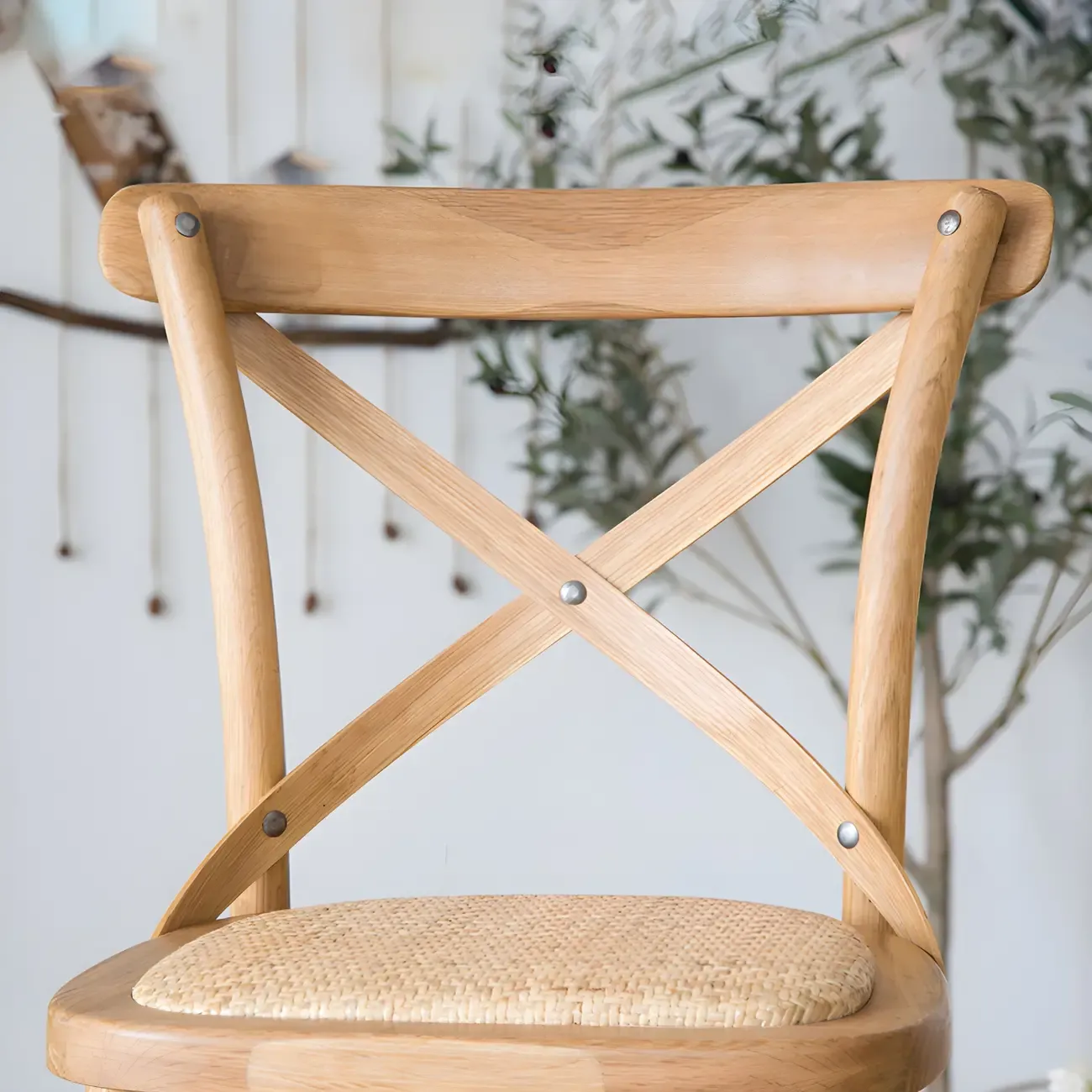 Rustic Solid Wood Wicker Cross Back Bar Stool in Brown/ Grey Image - 17