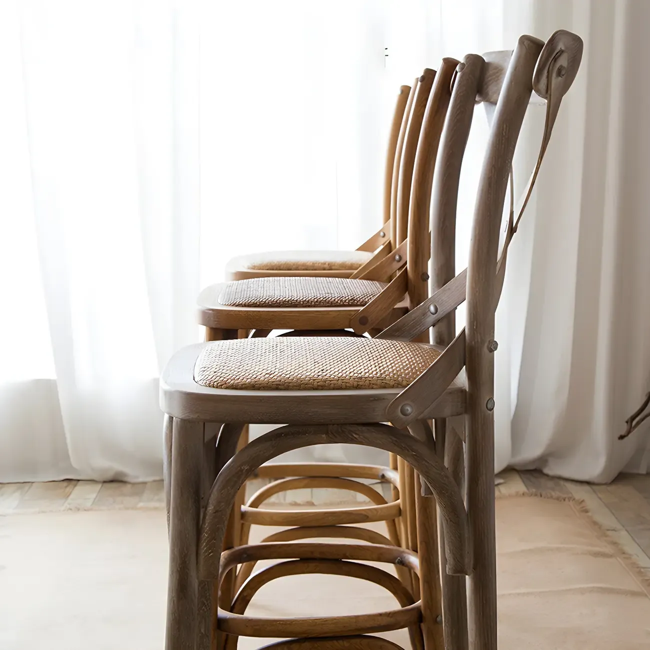 Rustic Solid Wood Wicker Cross Back Bar Stool in Brown/ Grey Image - 19