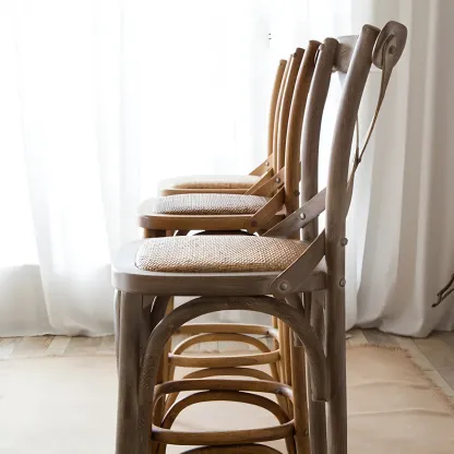 Rustic Solid Wood Wicker Cross Back Bar Stool in Brown/ Grey Image - 19