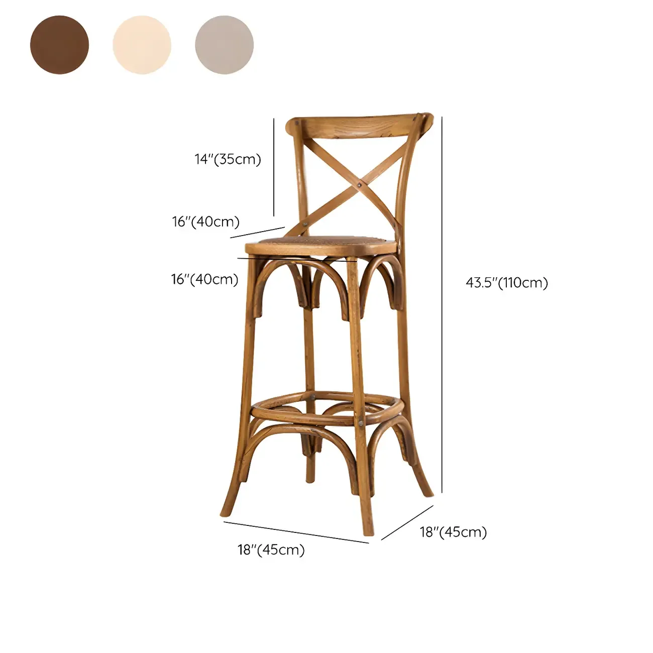 Rustic Solid Wood Wicker Cross Back Bar Stool in Brown/ Grey #size
