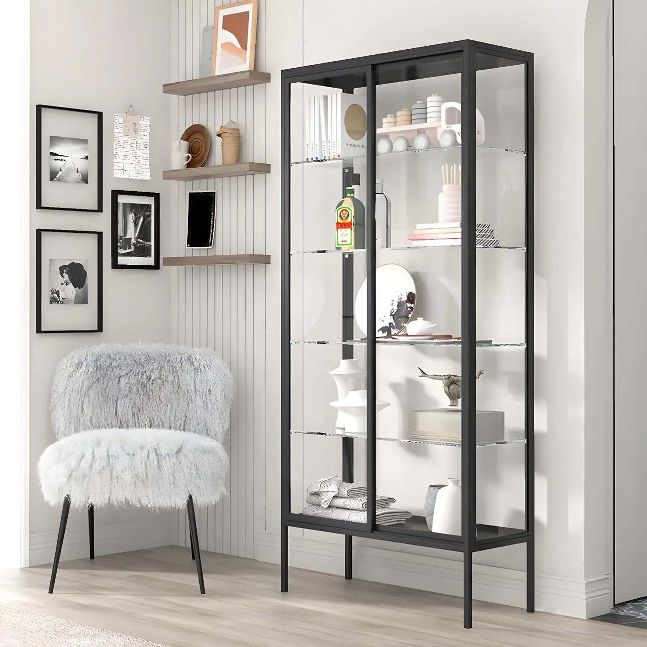Black Metal Frame Glass Shelves Curio Cabinet | HomeyFad