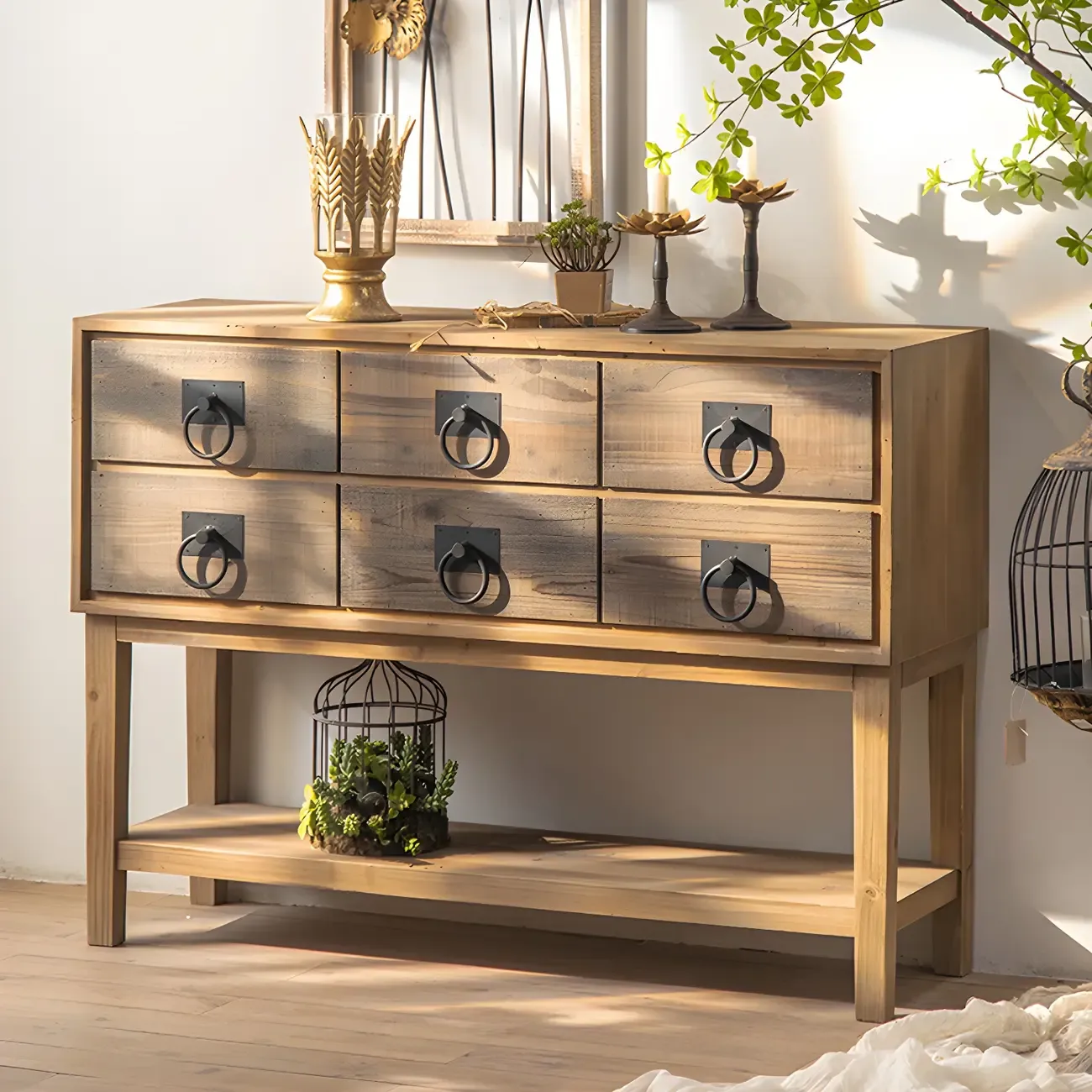 Vintage Natural Wood Double Dresser with Open Storage Image - 1