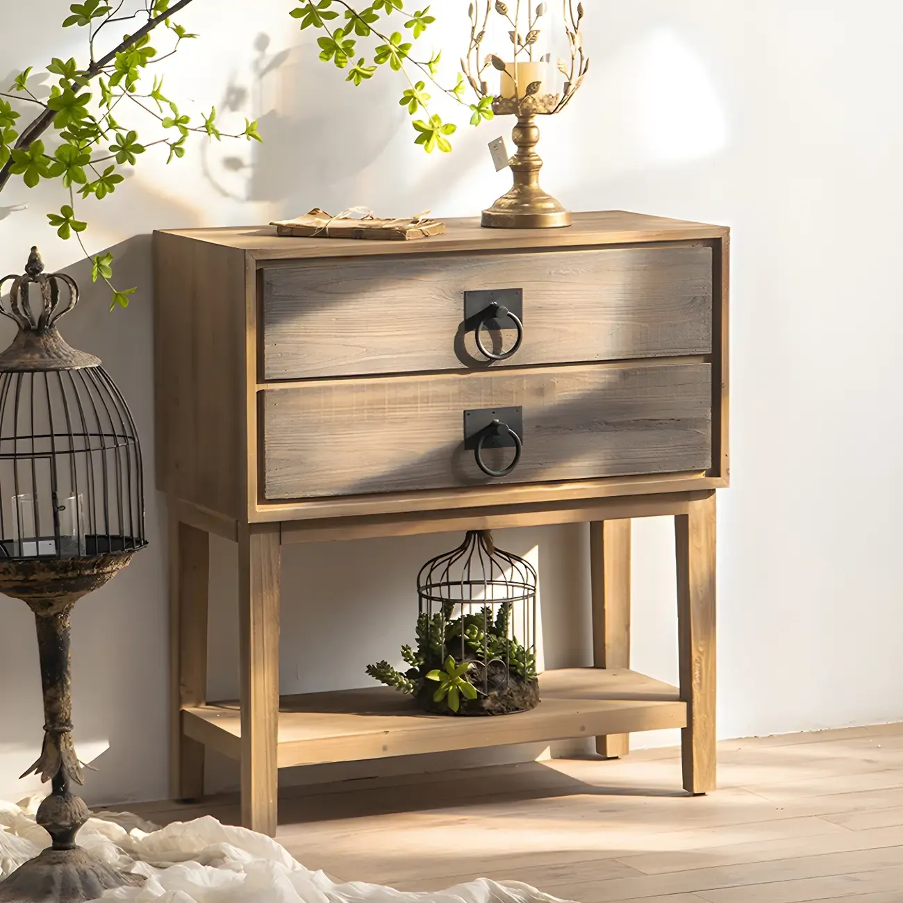 Vintage Natural Wood Double Dresser with Open Storage Image - 2
