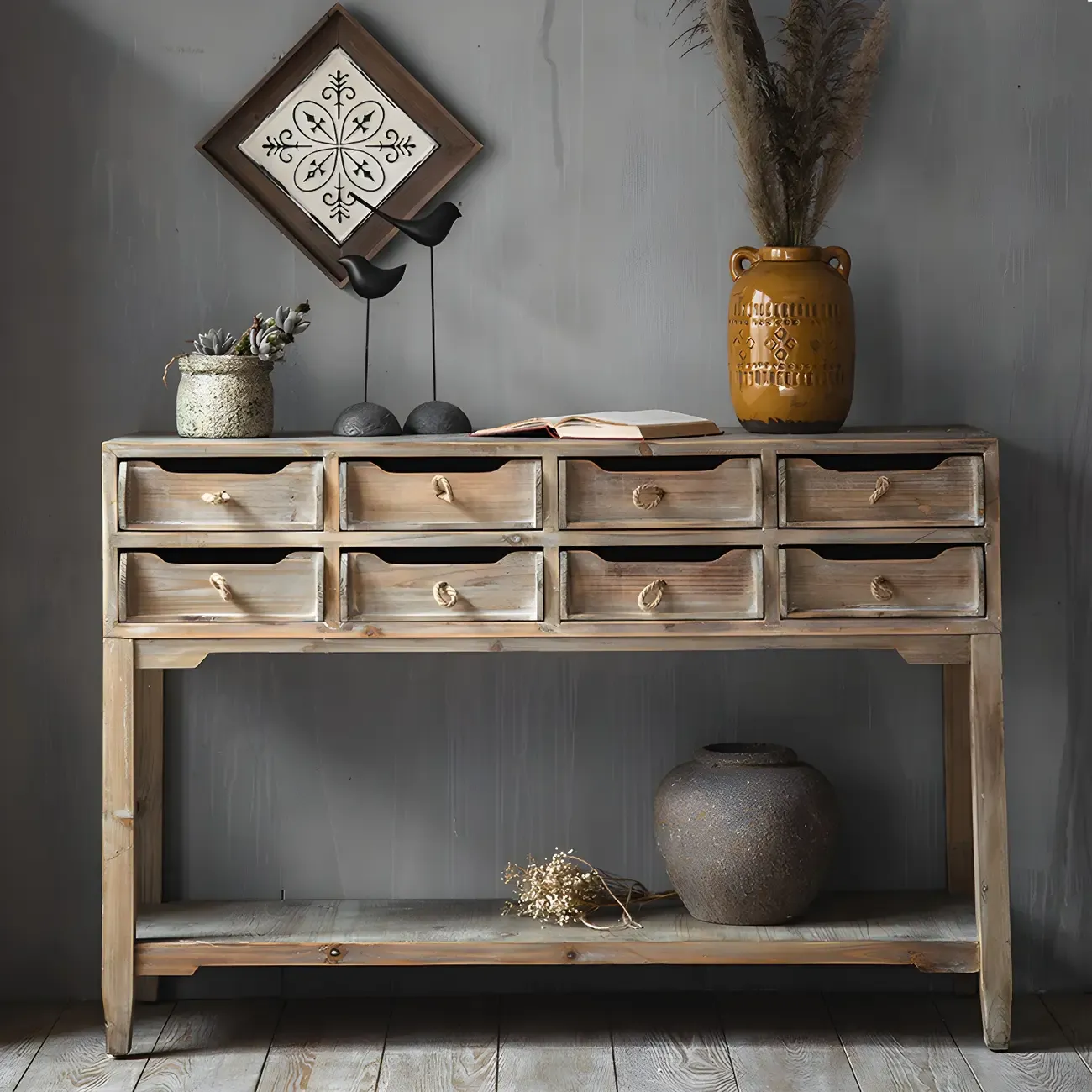 Vintage Natural Wood Double Dresser with Open Storage Image - 7