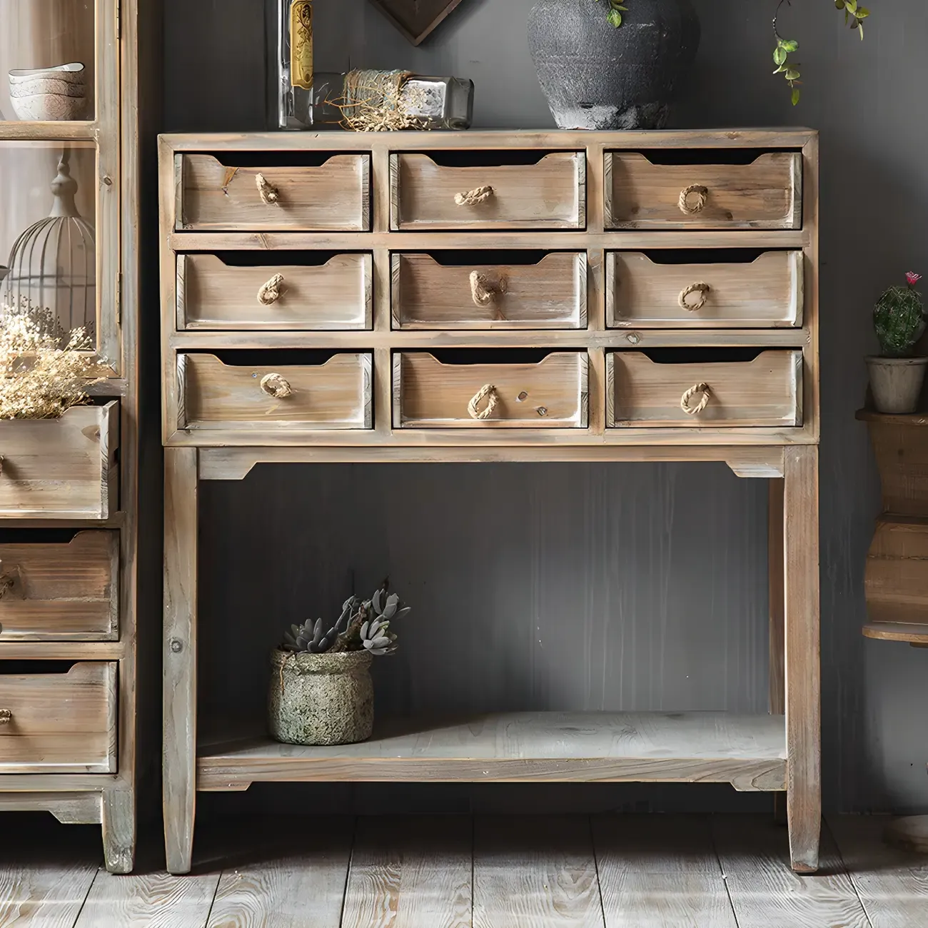 Vintage Natural Wood Double Dresser with Open Storage Image - 9