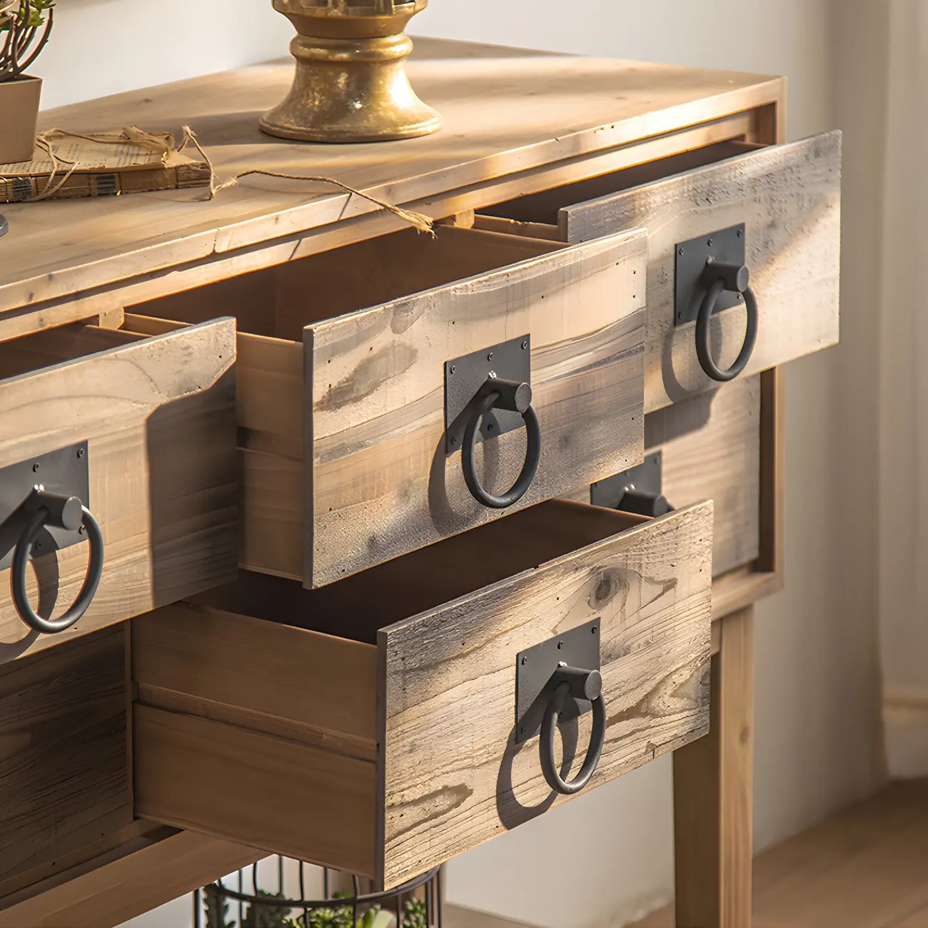 Vintage Natural Wood Double Dresser with Open Storage Image - 11 | homeyfad