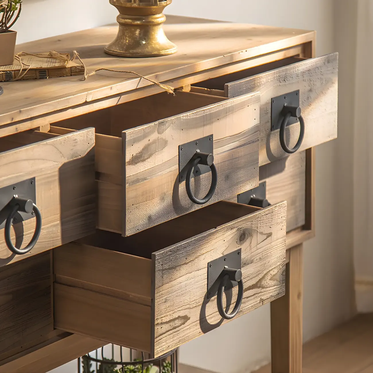 Vintage Natural Wood Double Dresser with Open Storage Image - 11