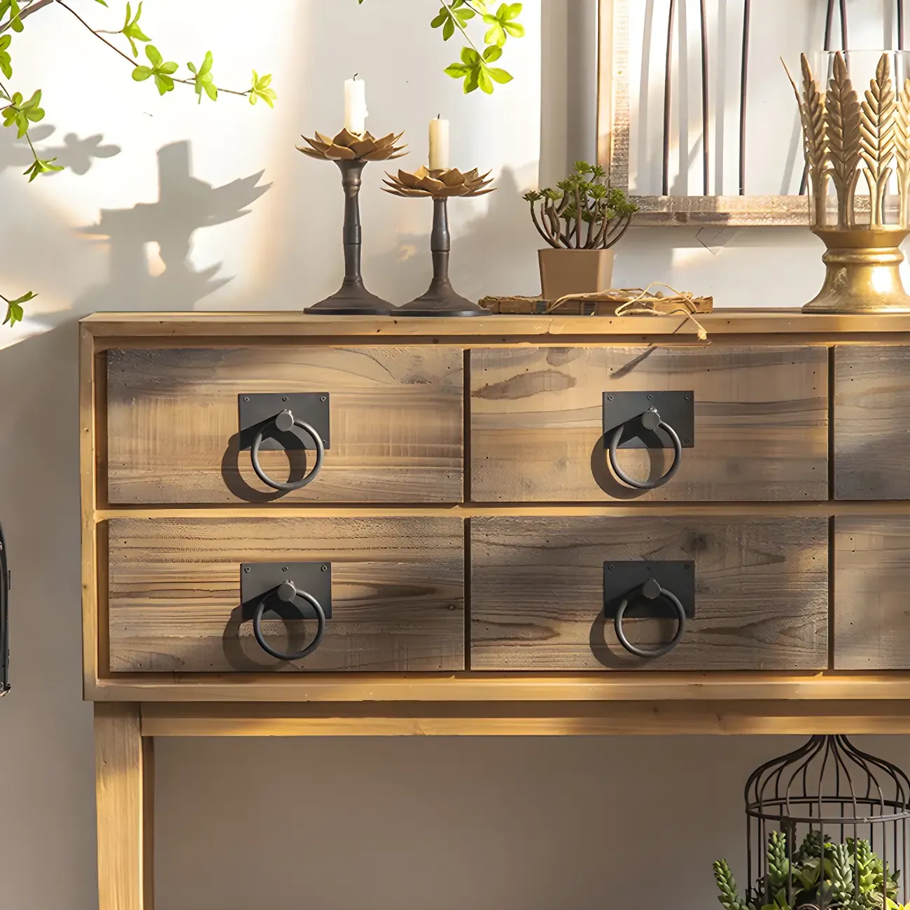 Vintage Natural Wood Double Dresser with Open Storage Image - 3