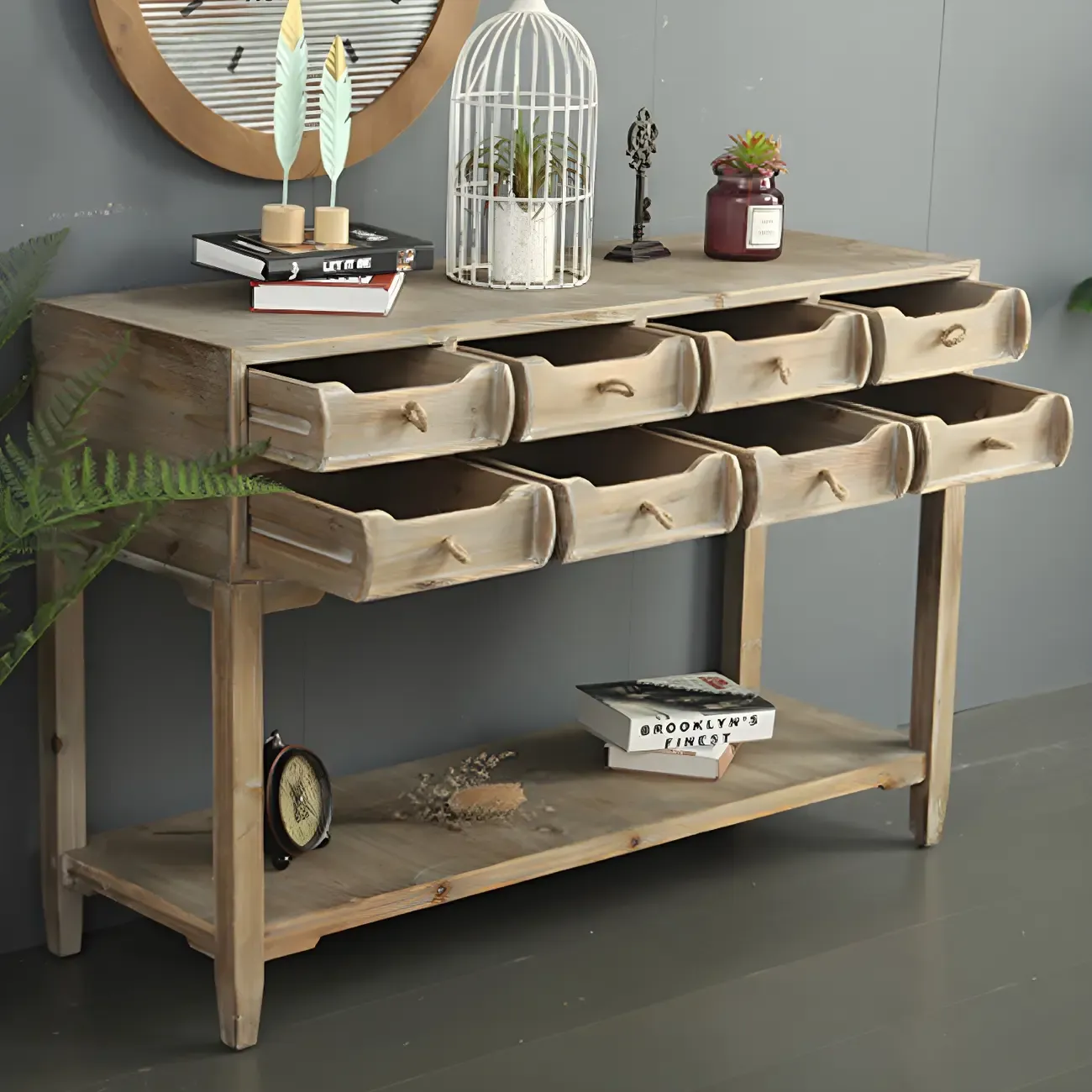 Vintage Natural Wood Double Dresser with Open Storage Image - 14