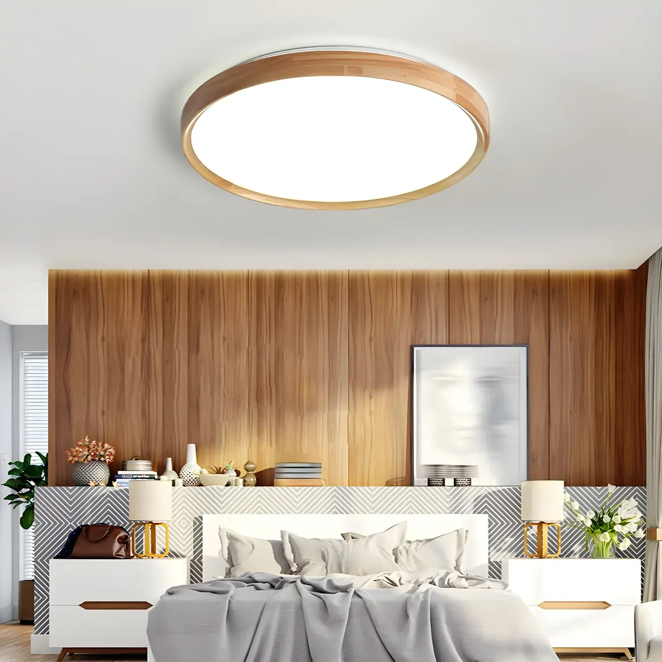 Nordic Round Wood Flush Mount LED Ceiling Light Dimmable  Image - 1