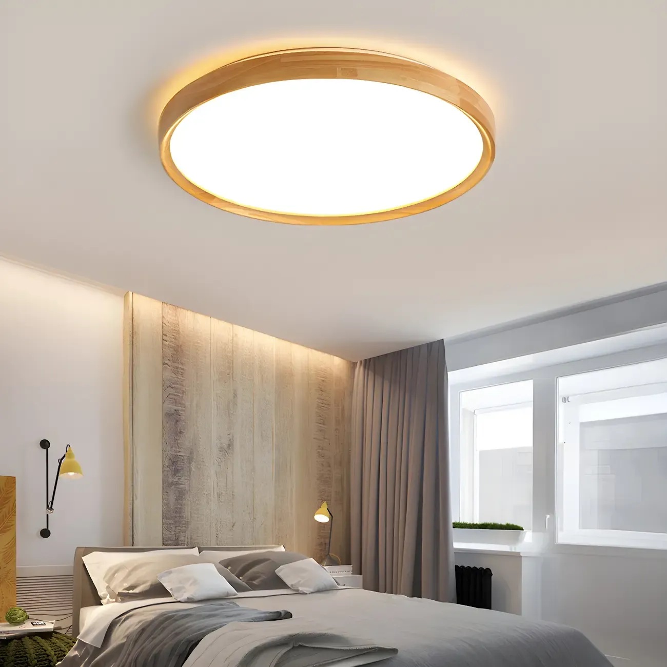Nordic Round Wood Flush Mount LED Ceiling Light Dimmable  Image - 5