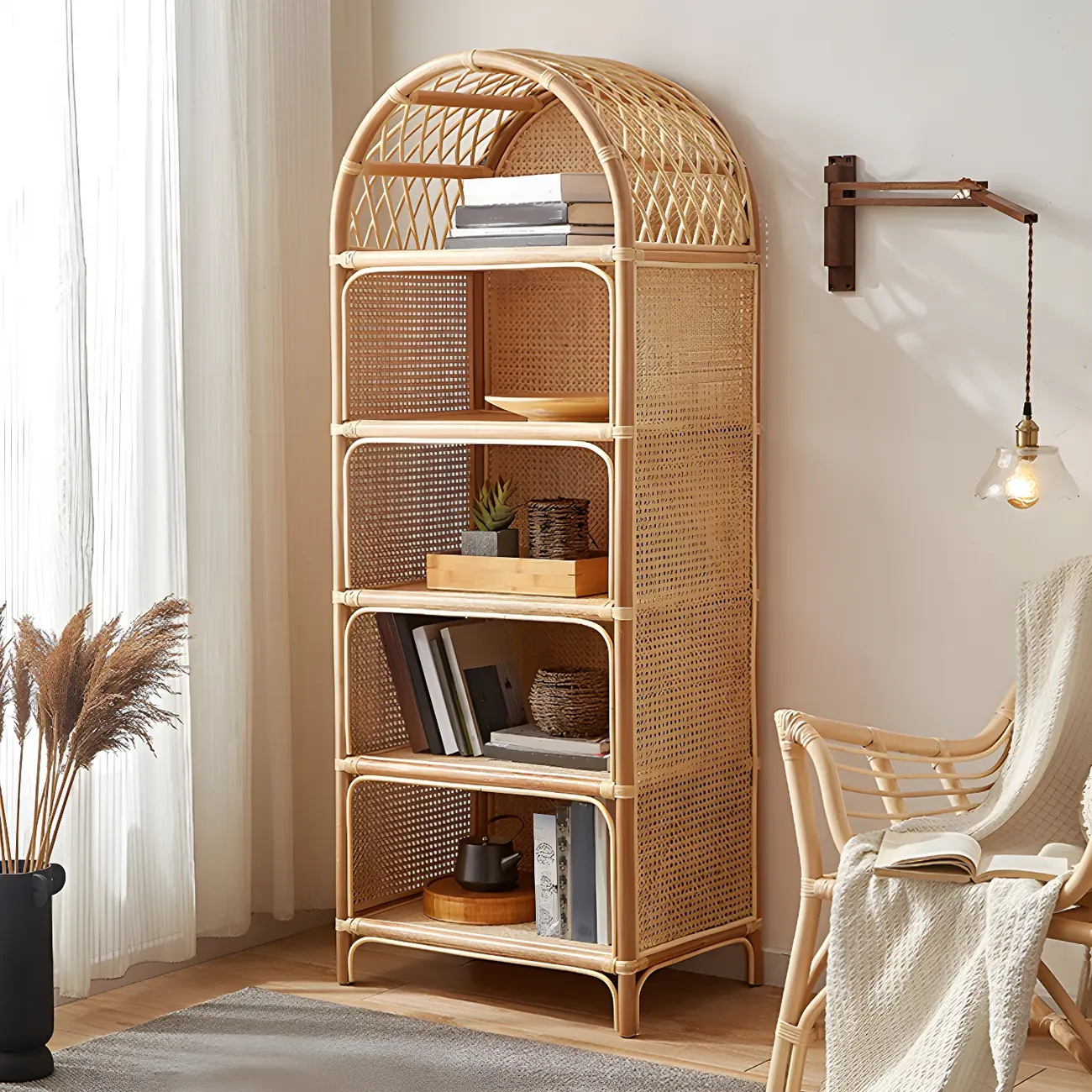 Light Wood Arch Rattan Bookshelf 5-Tier Bookcase Image - 1 | homeyfad