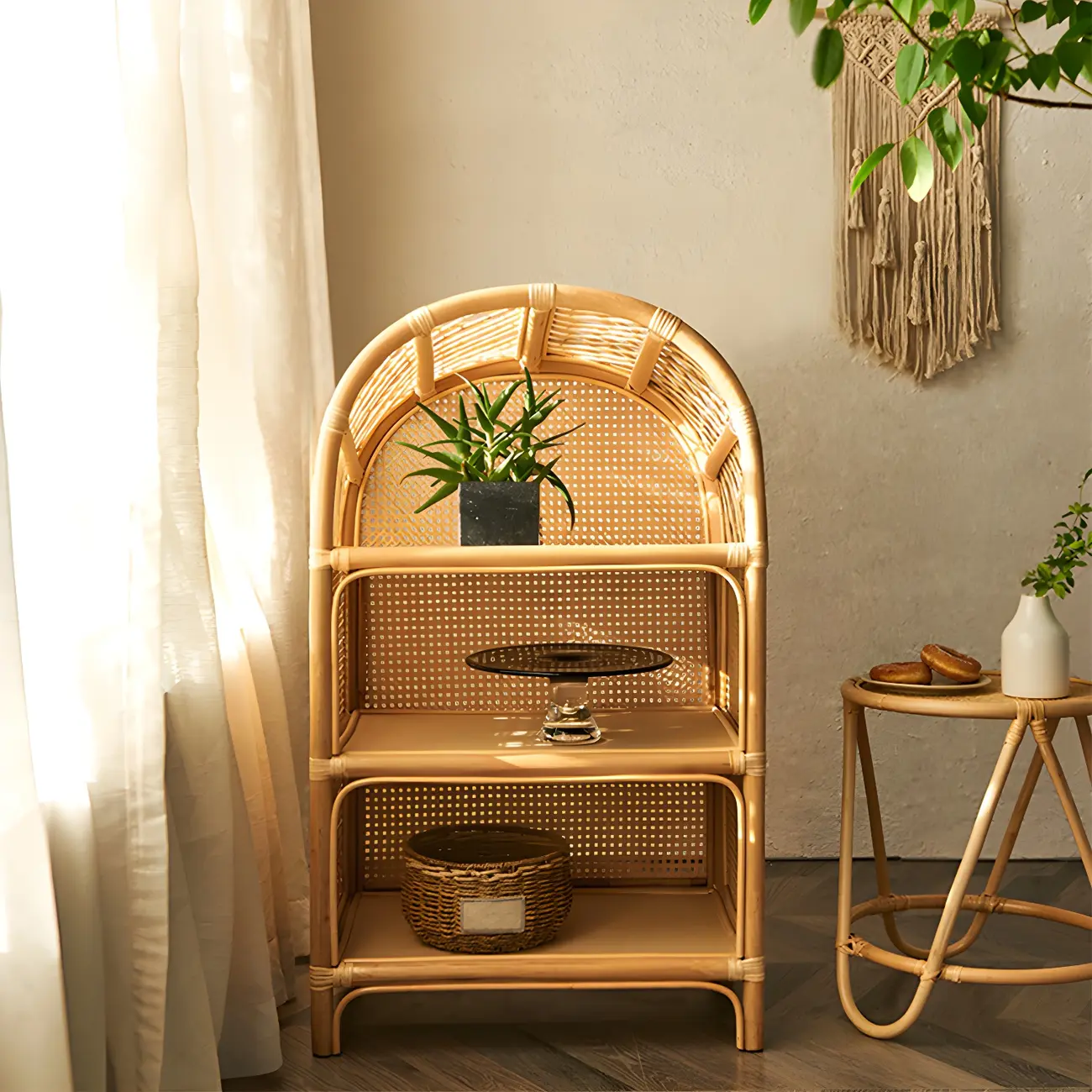 Light Wood Arch Rattan Bookshelf 5-Tier Bookcase Image - 3 | homeyfad