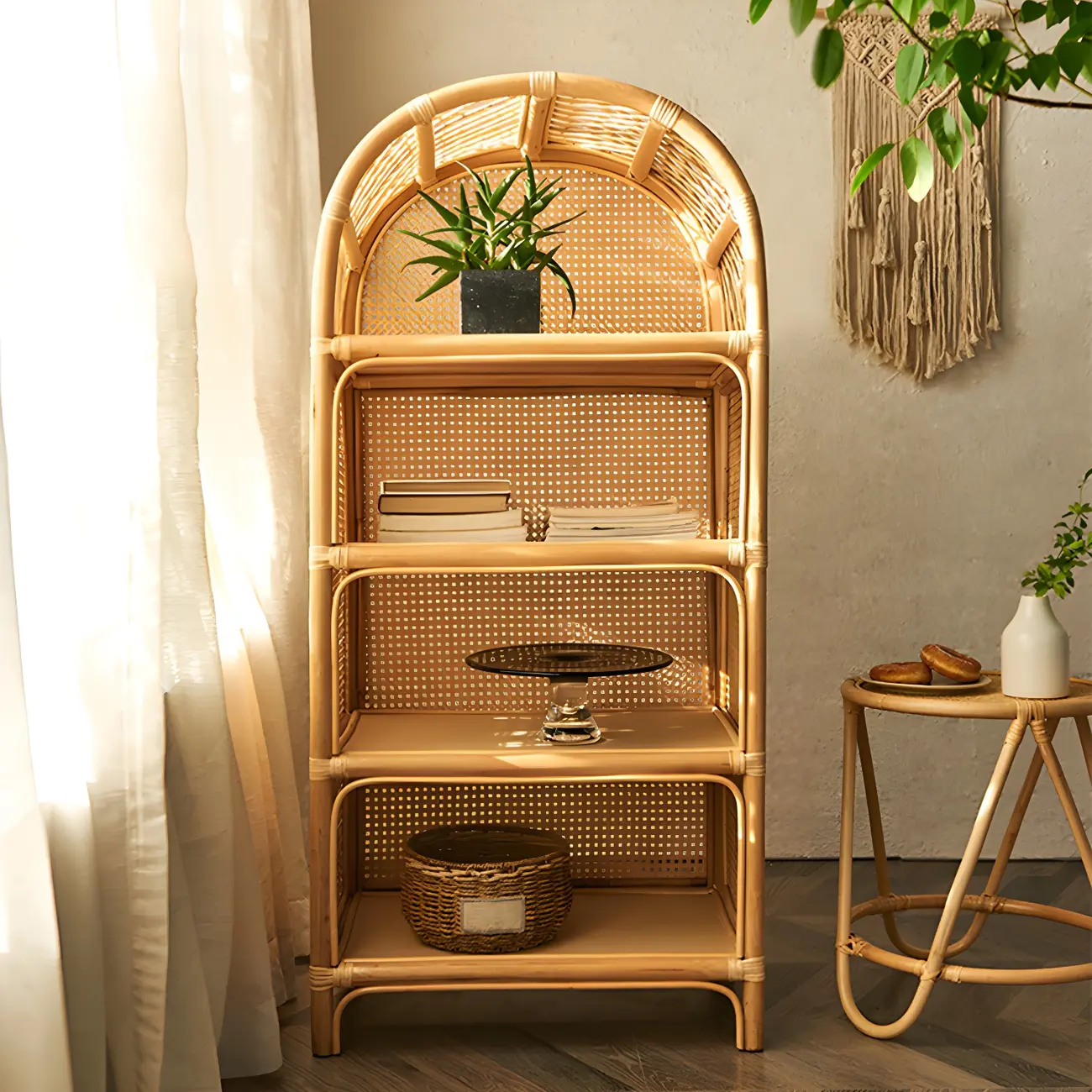 Light Wood Arch Rattan Bookshelf 5-Tier Bookcase Image - 4 | homeyfad