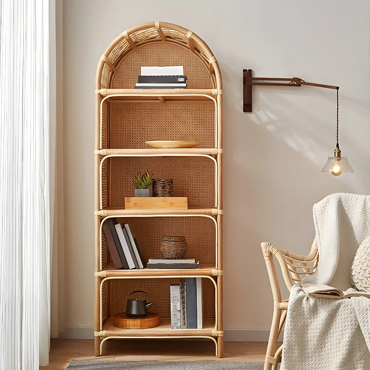 Light Wood Arch Rattan Bookshelf 5-Tier Bookcase Image - 2 | homeyfad