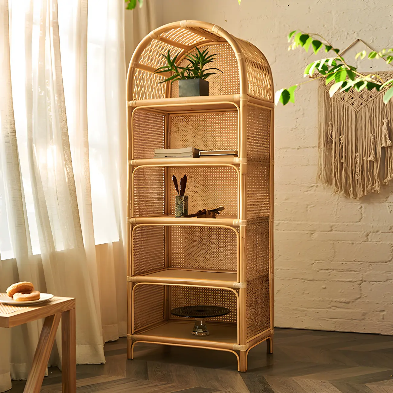 Light Wood Arch Rattan Bookshelf 5-Tier Bookcase Image - 5 | homeyfad