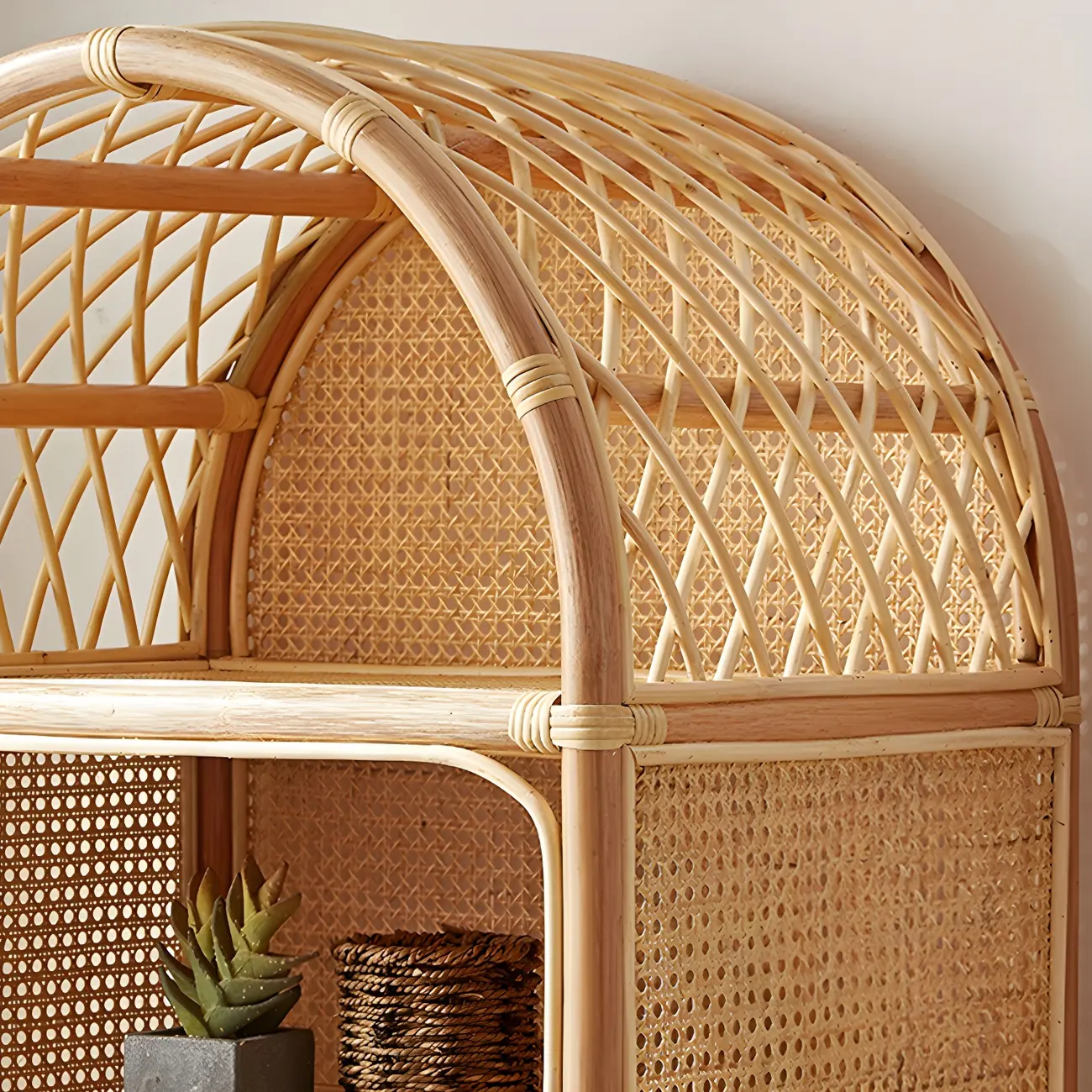 Light Wood Arch Rattan Bookshelf 5-Tier Bookcase Image - 10 | homeyfad