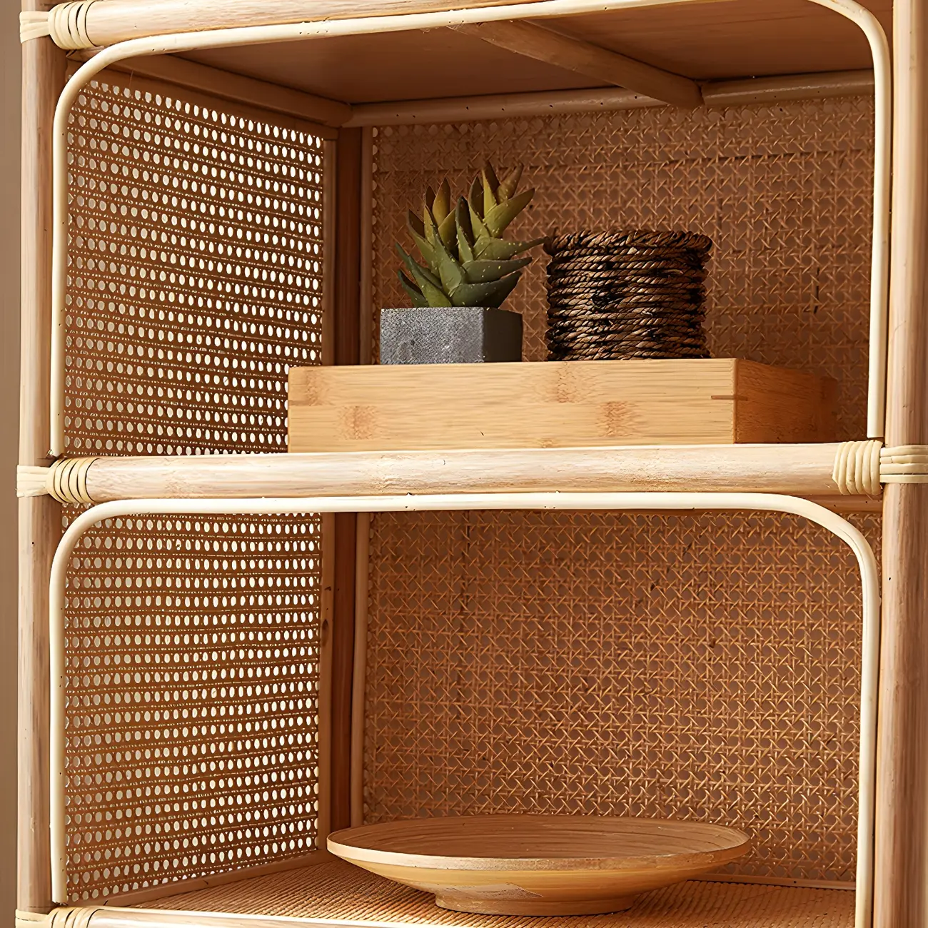 Light Wood Arch Rattan Bookshelf 5-Tier Bookcase Image - 12 | homeyfad