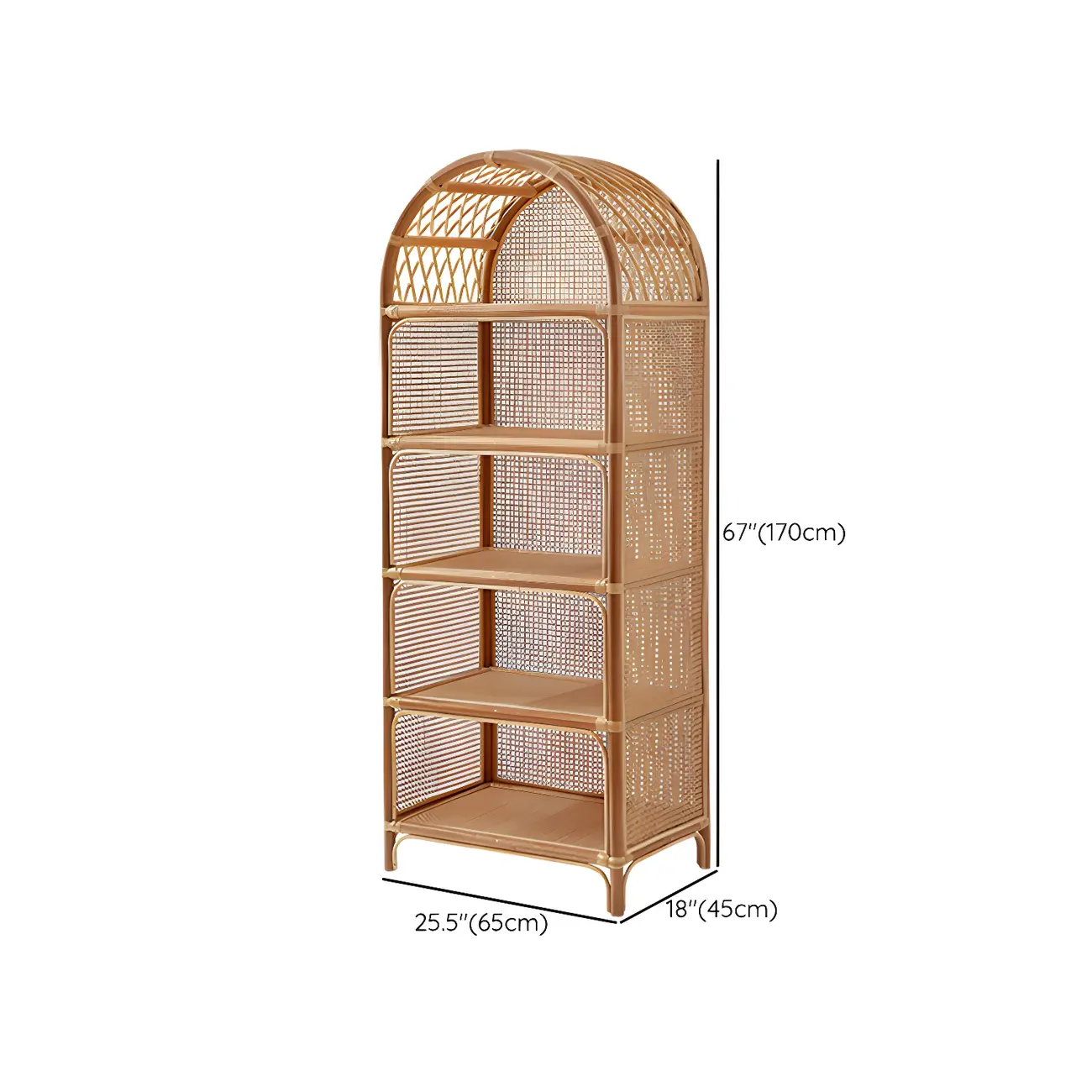 Light Wood Arch Rattan Bookshelf 5-Tier Bookcase #size | homeyfad