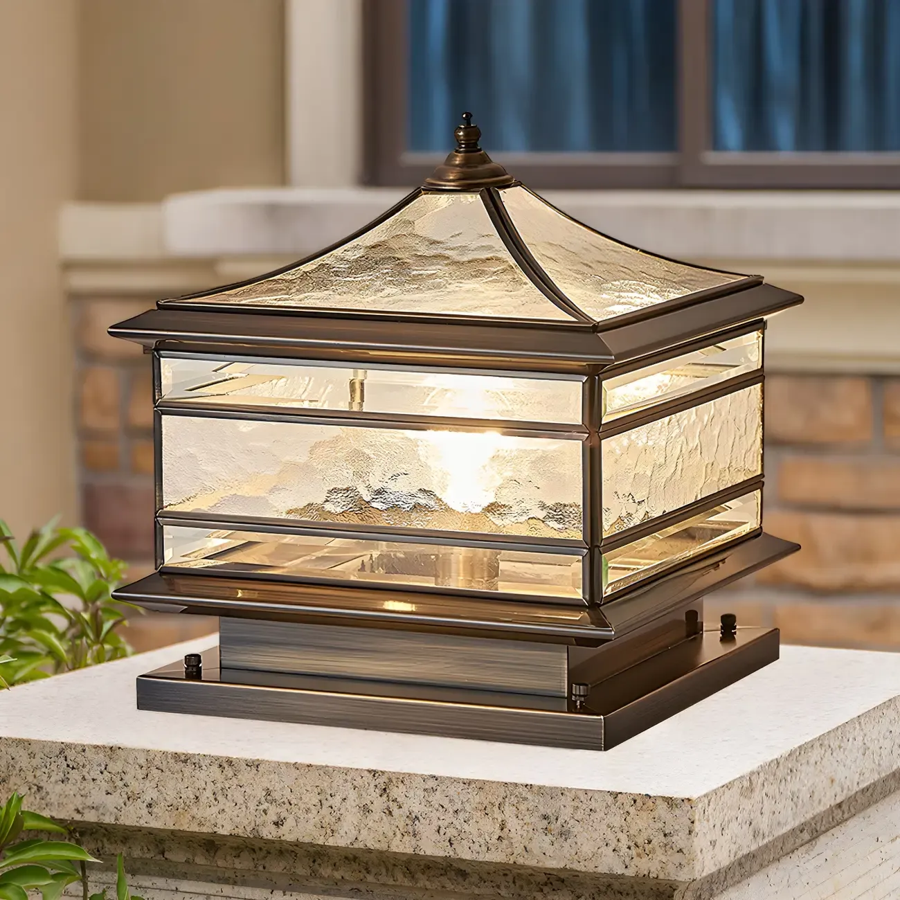 Brass Square Metal Glass Palace-Shape Wired Post Cap Light Image - 1