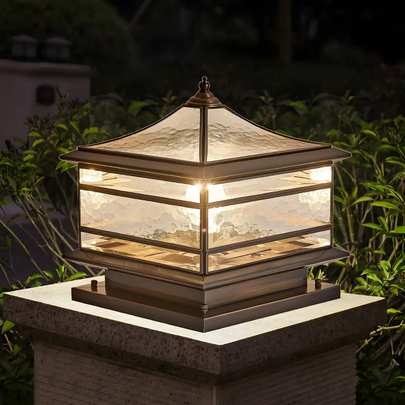 Brass Square Metal Glass Palace-Shape Wired Post Cap Light Image - 2