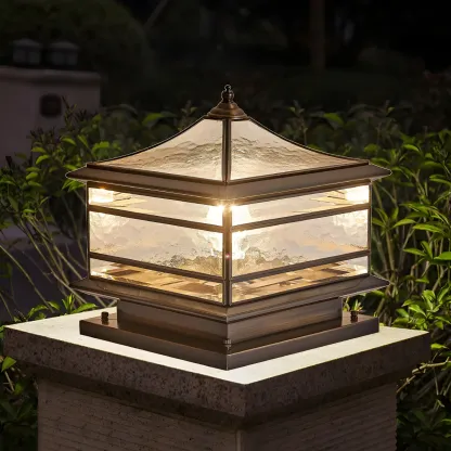 Brass Square Metal Glass Palace-Shape Wired Post Cap Light Image - 2