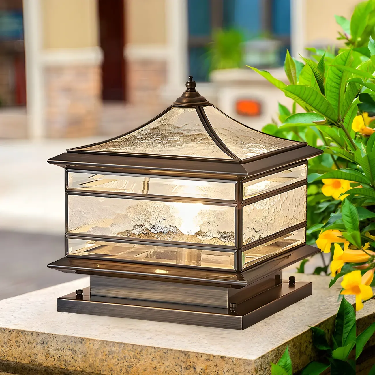 Brass Square Metal Glass Palace-Shape Wired Post Cap Light Image - 3