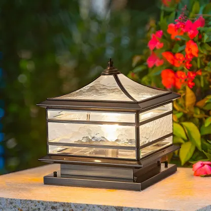Brass Square Metal Glass Palace-Shape Wired Post Cap Light Image - 4