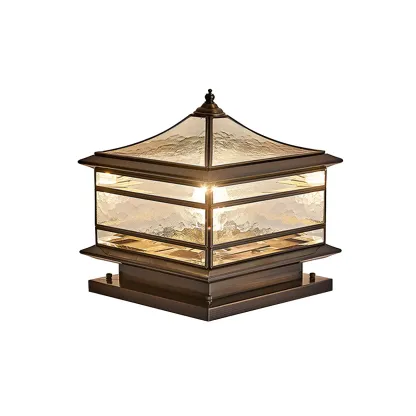 Brass Square Metal Glass Palace-Shape Wired Post Cap Light Image - 5