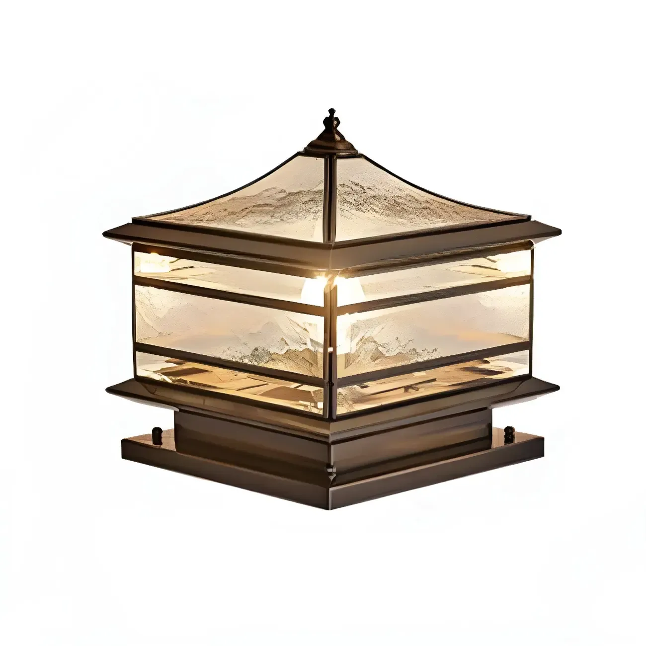 Brass Square Metal Glass Palace-Shape Wired Post Cap Light Image - 6