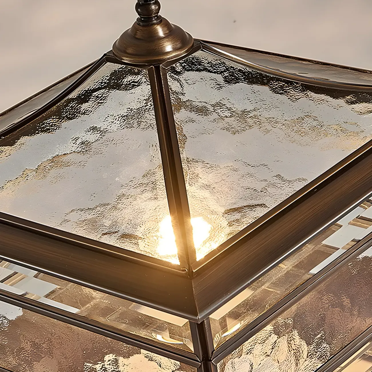 Brass Square Metal Glass Palace-Shape Wired Post Cap Light Image - 8