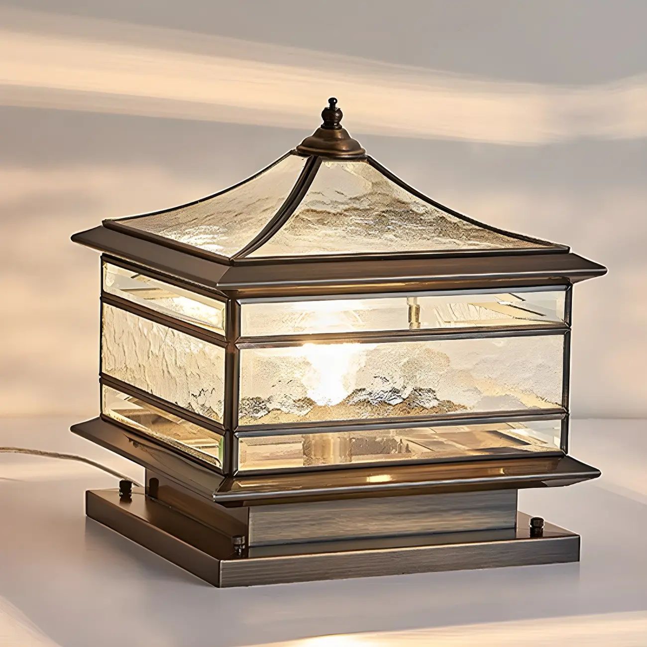 Brass Square Metal Glass Palace-Shape Wired Post Cap Light Image - 9 | homeyfad