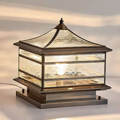Brass Square Metal Glass Palace-Shape Wired Post Cap Light Image - 9