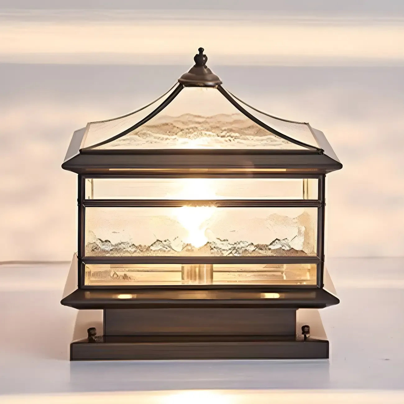 Brass Square Metal Glass Palace-Shape Wired Post Cap Light Image - 10
