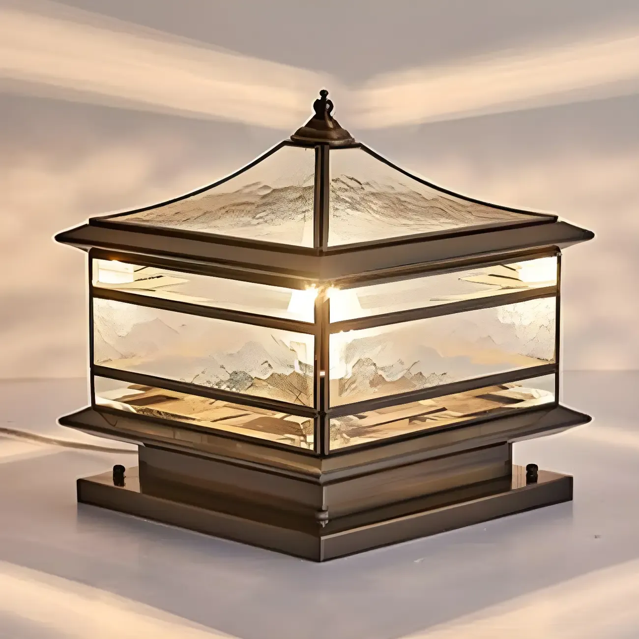 Brass Square Metal Glass Palace-Shape Wired Post Cap Light Image - 11