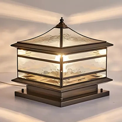 Brass Square Metal Glass Palace-Shape Wired Post Cap Light Image - 11