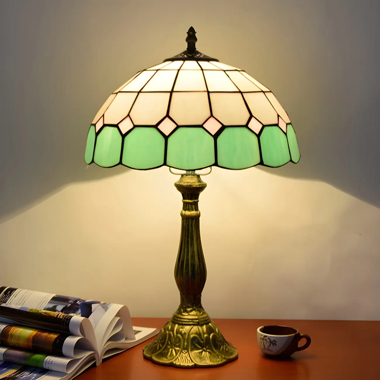 Retro Brass Stained Glass Cone-Shaped LED Table Lamp Image - 1 | homeyfad